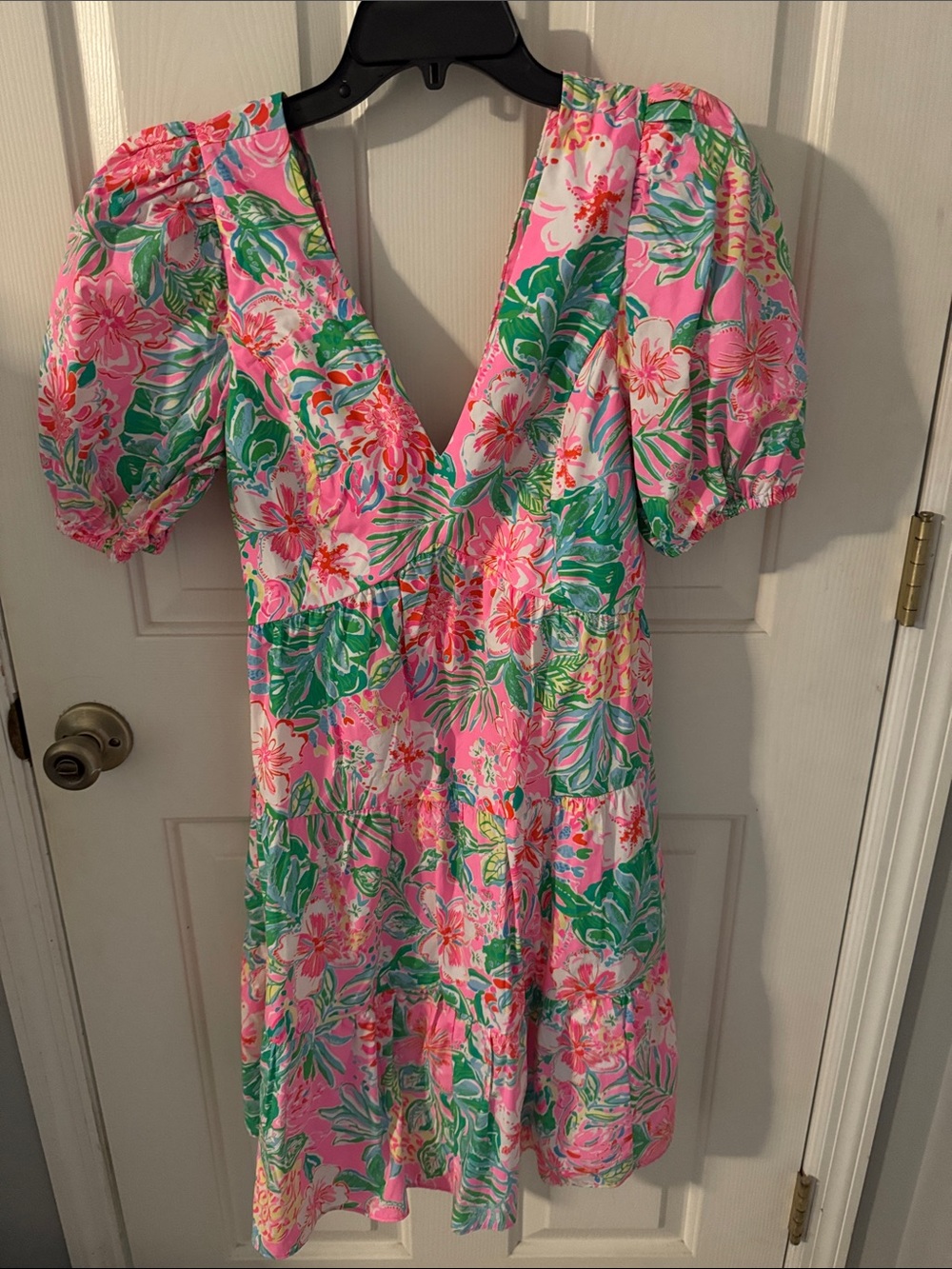 Lilly Pulitzer Pink & Green Floral V-Neck Puff Sleeve Dress